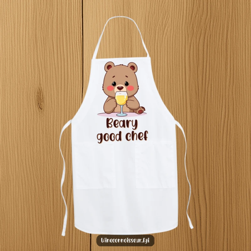 Funny apron with a determined bear savoring a tiny sip of wine, perfect for adding humor to cooking and kitchen adventures.