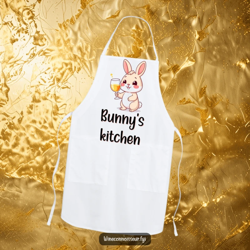Funny apron showcasing a smiling rabbit character holding a wine glass with a flourish, ready to add fun to cooking.