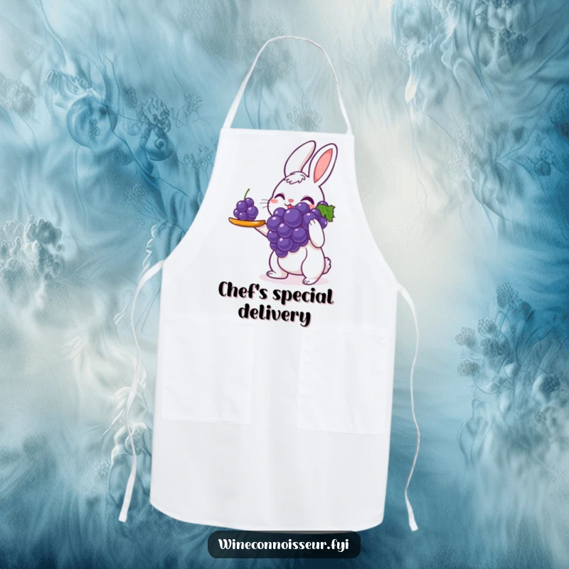 Funny apron designed with a delighted rabbit meticulously serving a single perfect grape with great care, bringing humorous charm to kitchen activities.