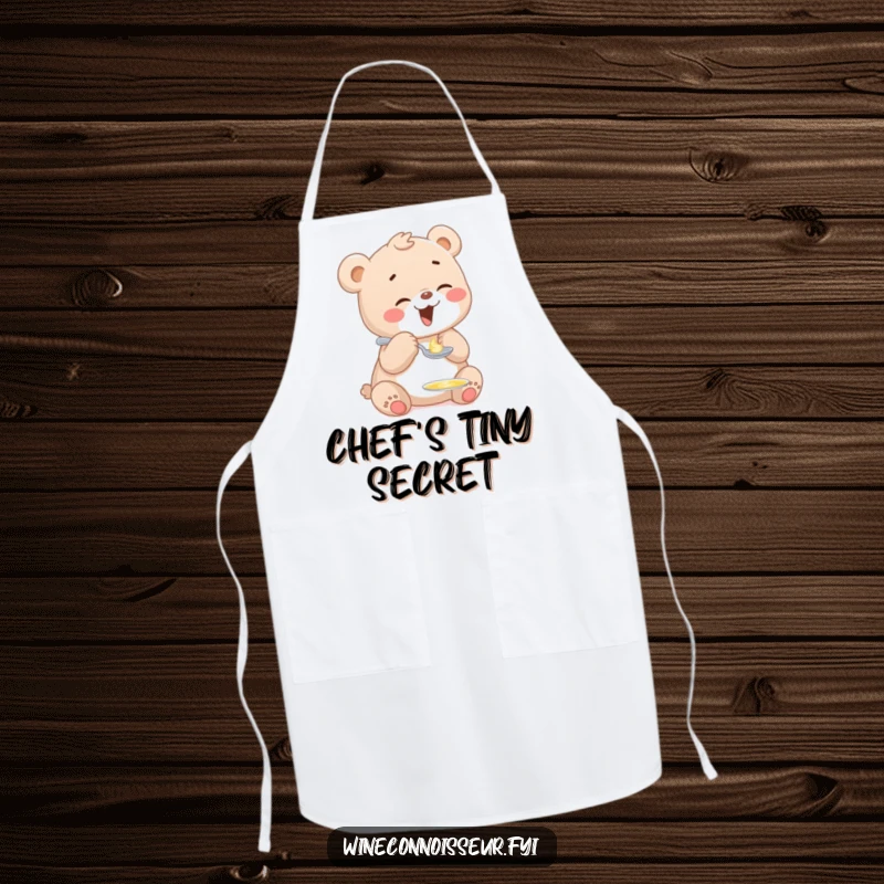 Funny kitchen apron showcasing a giggling bear cub character tasting a tiny drop of honey from a miniature spoon, bringing culinary cheer.