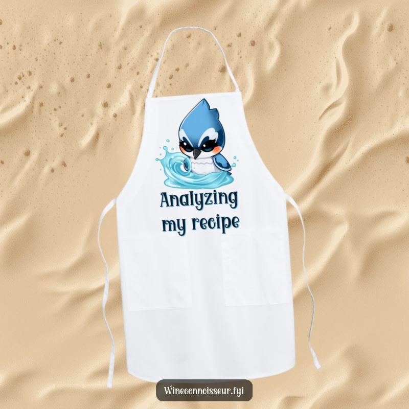 Funny apron with a determined blue jay character analyzing a swirling liquid, a smart and practical kitchen accessory.