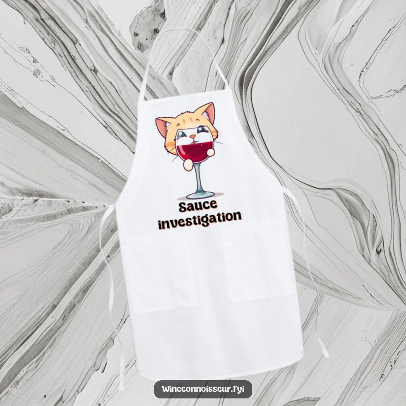 Funny apron showcasing a playful cat character peering with intrigue into a wine glass, ready to add fun to cooking.