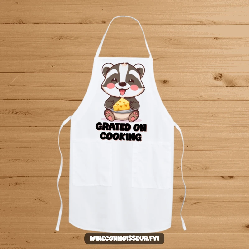 Funny badger cheese apron showing a happy badger offering cheese. Protects clothes with humor during cooking.
