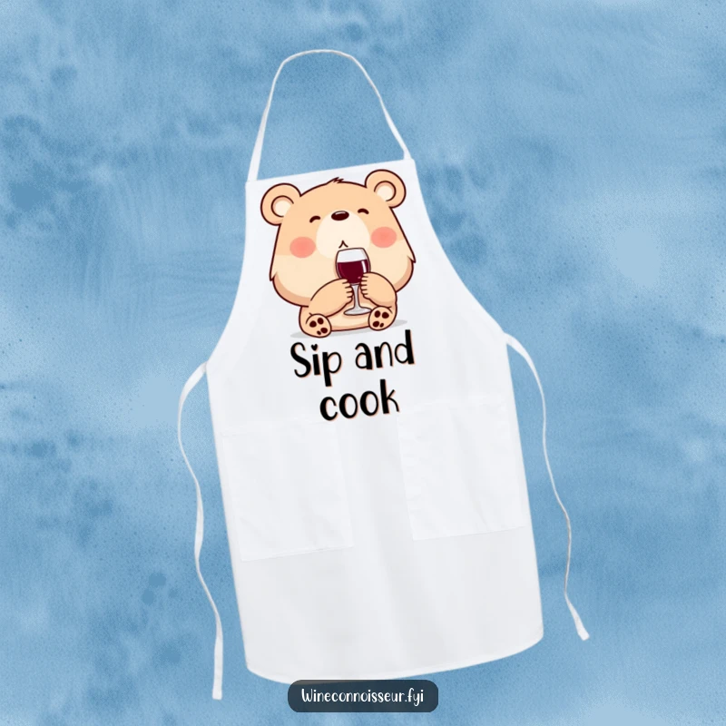 Funny wine bear apron showing a content bear sipping wine while cooking. Adds a humorous touch to kitchen duties.