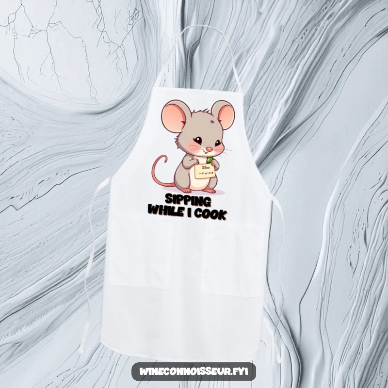 Funny wine mouse apron showing a thoughtful mouse examining a wine label. Adds a humorous touch to kitchen duties.