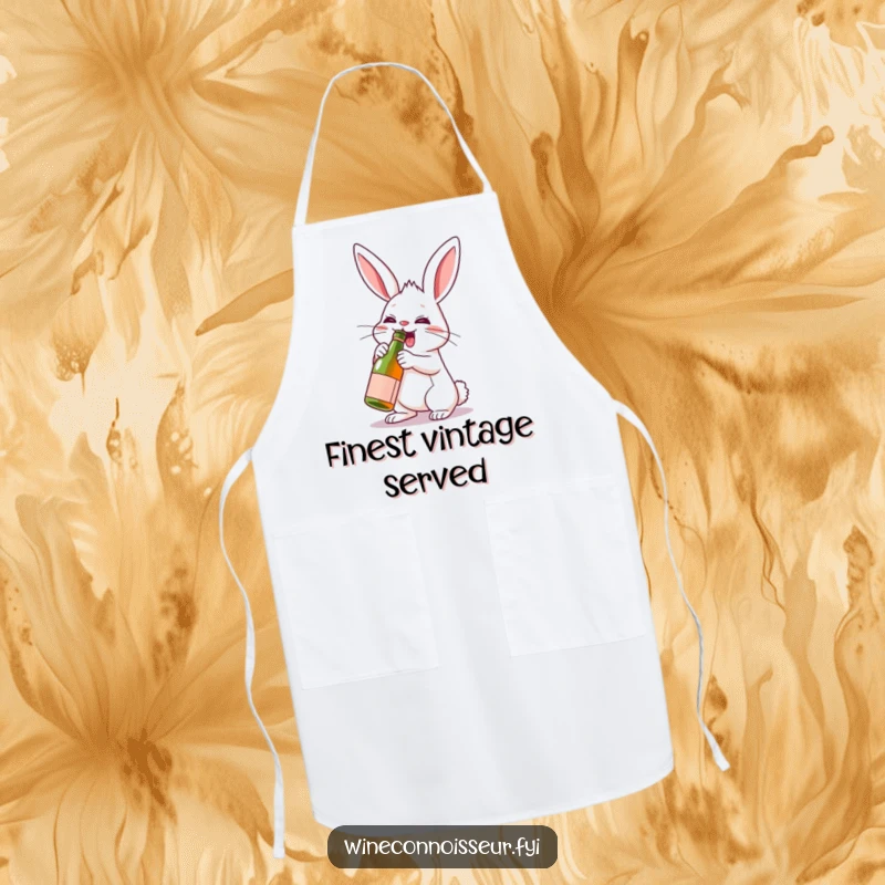 Funny kitchen apron showcasing a determined rabbit character enthusiastically uncorking a miniature wine bottle, bringing party vibes to cooking.