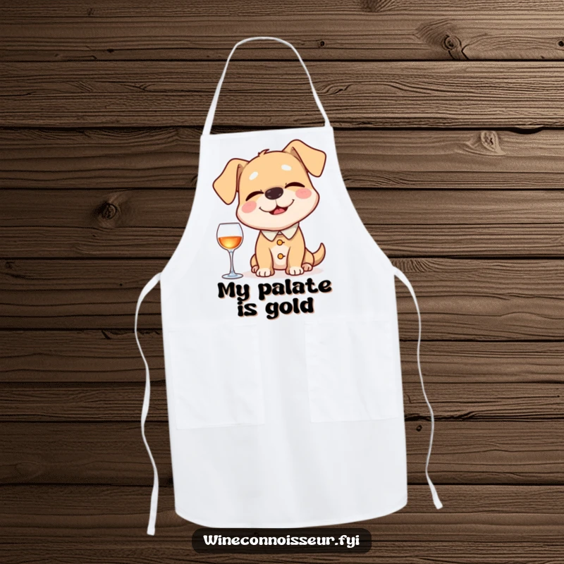Funny apron featuring a happy dog acting as a sommelier, eyes closed, sniffing an imaginary aroma with a comical look of refined appreciation and humor.