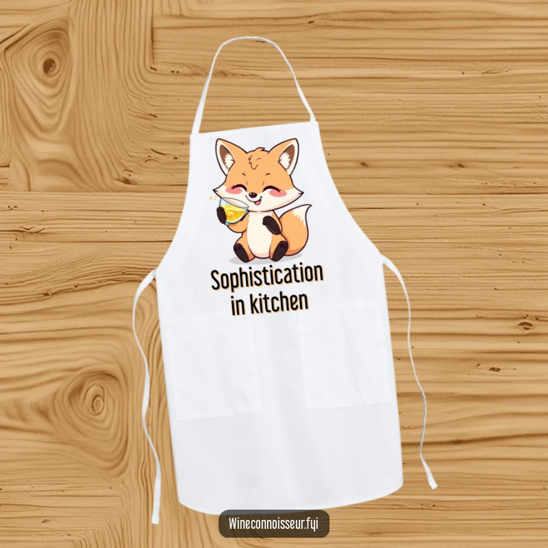 Funny apron showing a sophisticated fox character enjoying a drink, keeping you clean and bringing kitchen elegance.