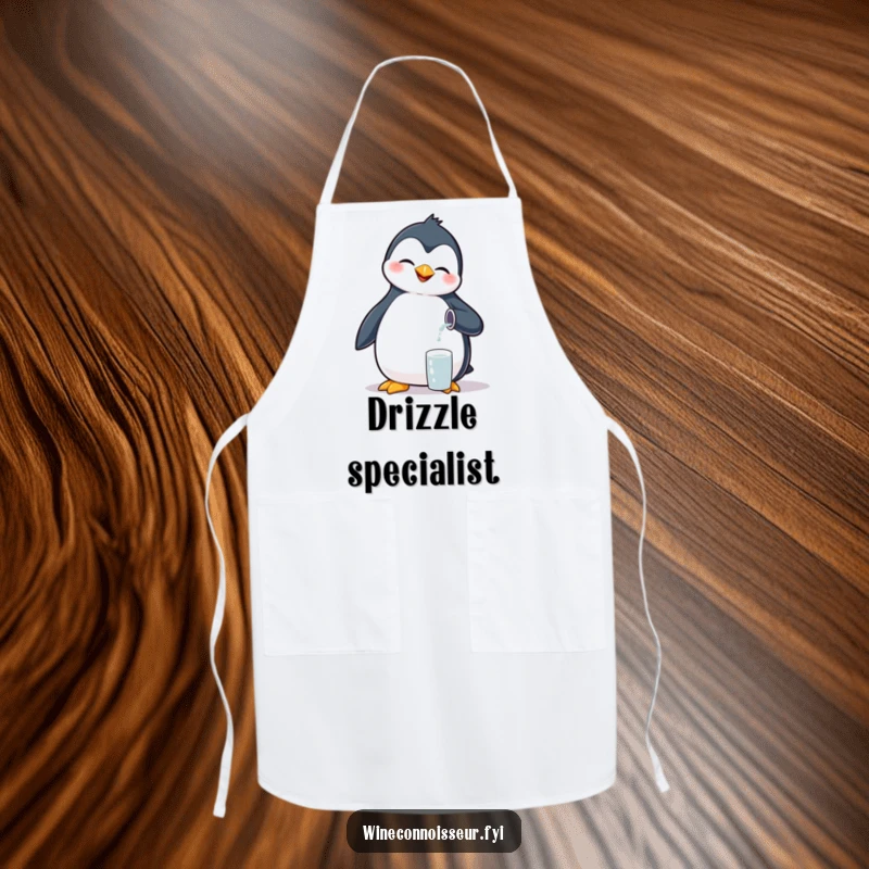 Funny giggling penguin apron, pouring tiny liquid, cute and practical kitchen accessory for bird lovers.