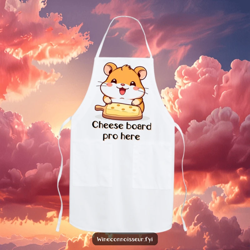 Funny apron with a delighted kawaii hamster serving a cheese board, bringing culinary humor and protection to the kitchen.