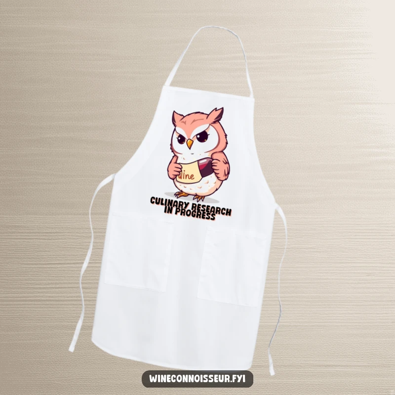 Funny Kawaii owl wine apron with a determined character studying a label, adding intellectual humor to kitchen tasks, a great cooking gift.