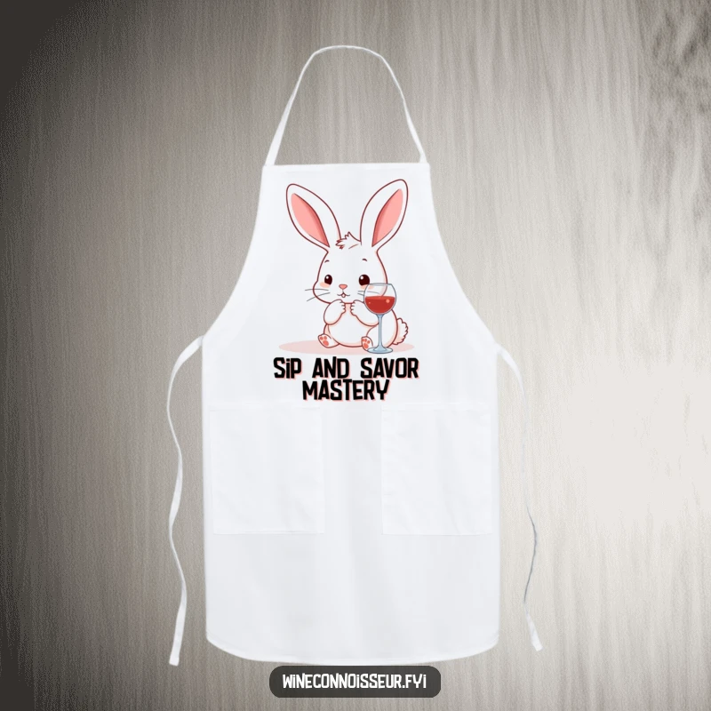 Funny kawaii rabbit apron, a cute bunny intently focused on wine pairings while cooking, adding humor to the kitchen.
