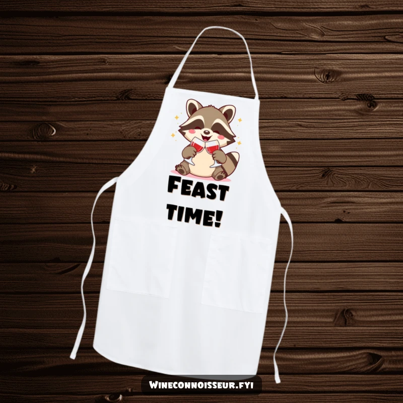 Funny apron showing a joyful Kawaii raccoon clinking wine glasses, festive kitchen accessory, humorous and cute gift.