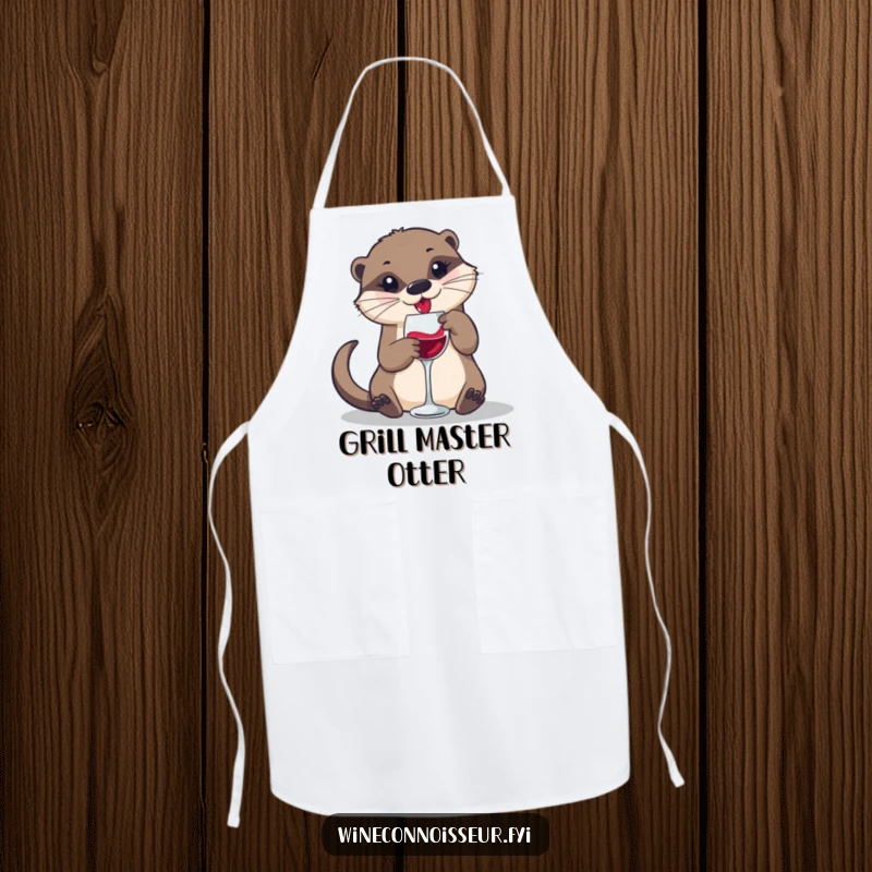 Funny kitchen apron featuring a playful otter swirling wine in a small glass, for delightful and fun cooking.