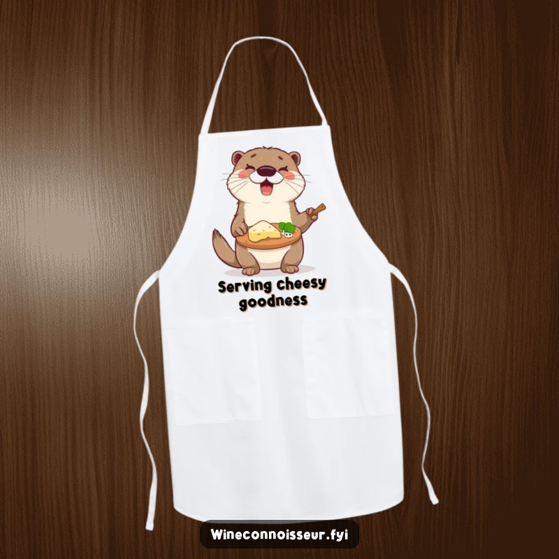 Funny otter wearing a chef's hat and an apron, presenting a cheese platter, an ideal funny gift for cooks.