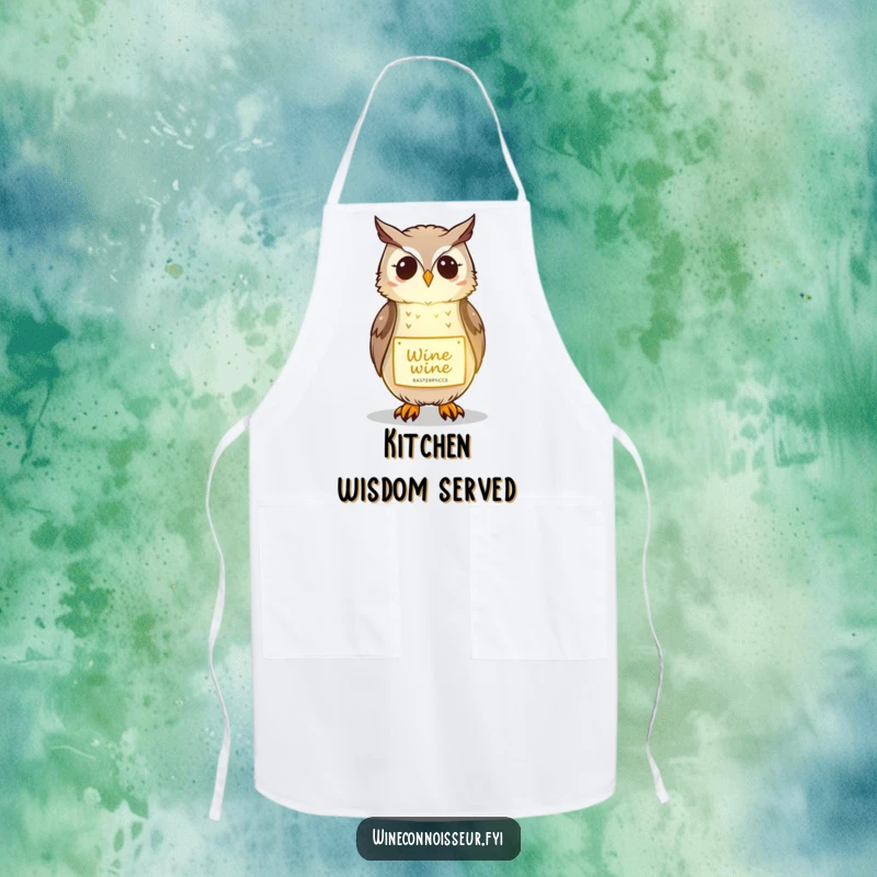 Funny apron showing a kawaii owl gently illuminating a wine label, ideal for kitchen wisdom and humor.