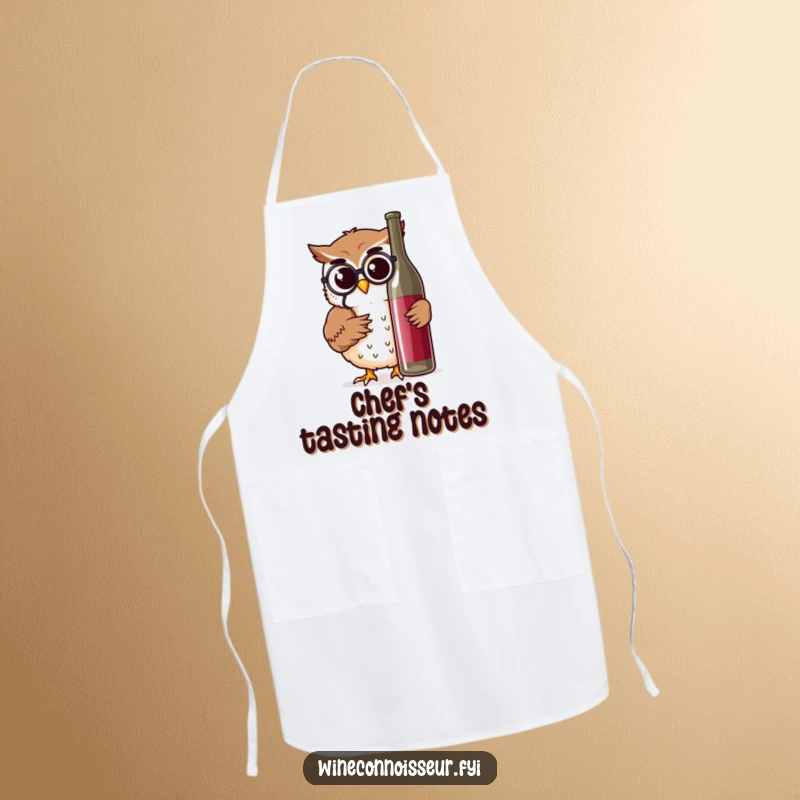 Funny apron showcasing a wise owl character inspecting a wine bottle, ideal for sophisticated kitchen fun.