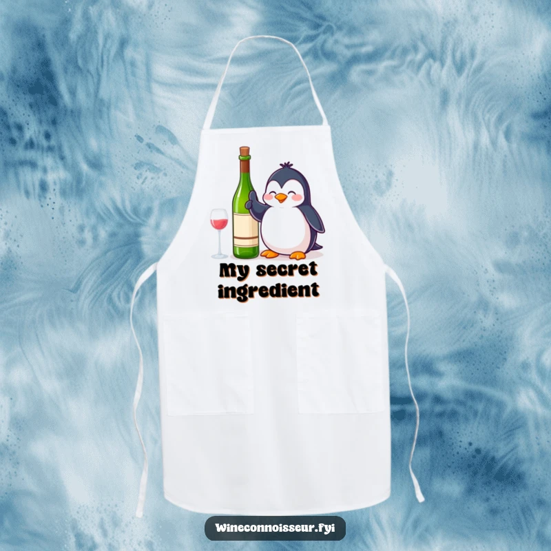 Funny Apron: A contented penguin giving a thumbs up next to a wine bottle, adding cheerful approval to kitchen activities.