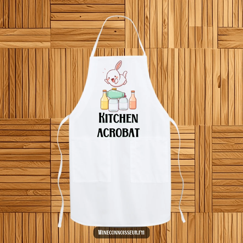 Funny apron featuring a playful rabbit character somersaulting over stacked bottles, ideal for kitchen fun with energetic humor.