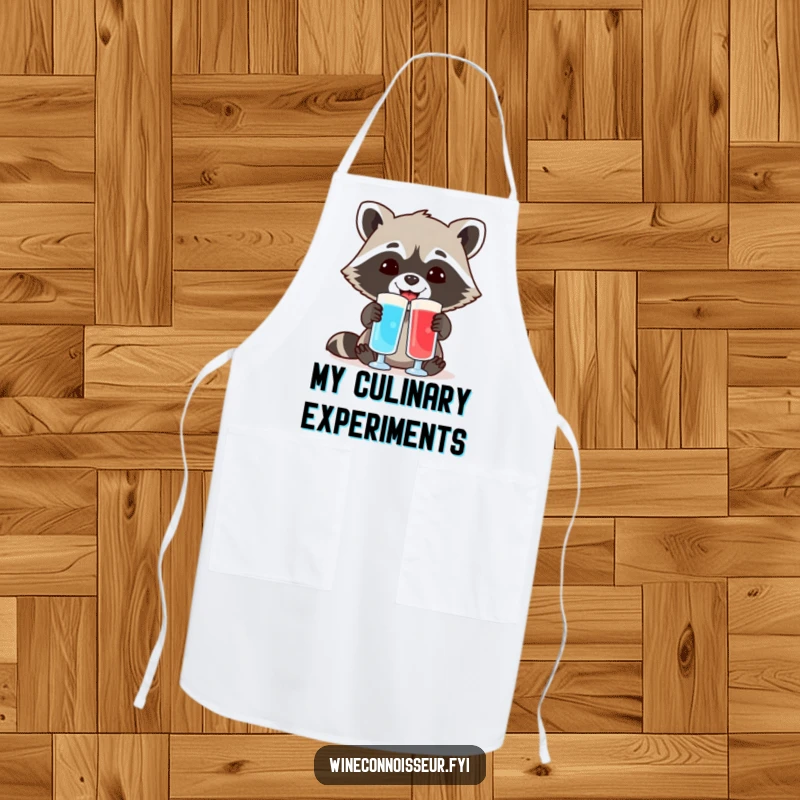 Funny apron showing a cheerful raccoon comparing two different colored liquid samples, ready for kitchen experiments with a smile.