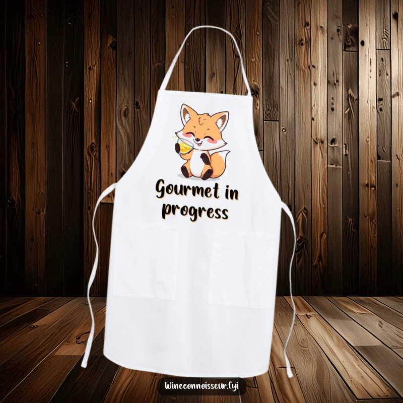 Funny apron showcasing a sophisticated fox character swirling sparkling liquid, ideal for stylish kitchen fun.