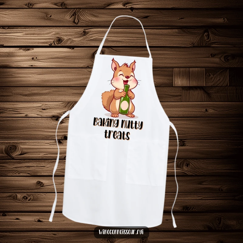 Funny apron showing an excited kawaii squirrel uncorking a miniature bottle, ideal for kitchen celebrations and humor.