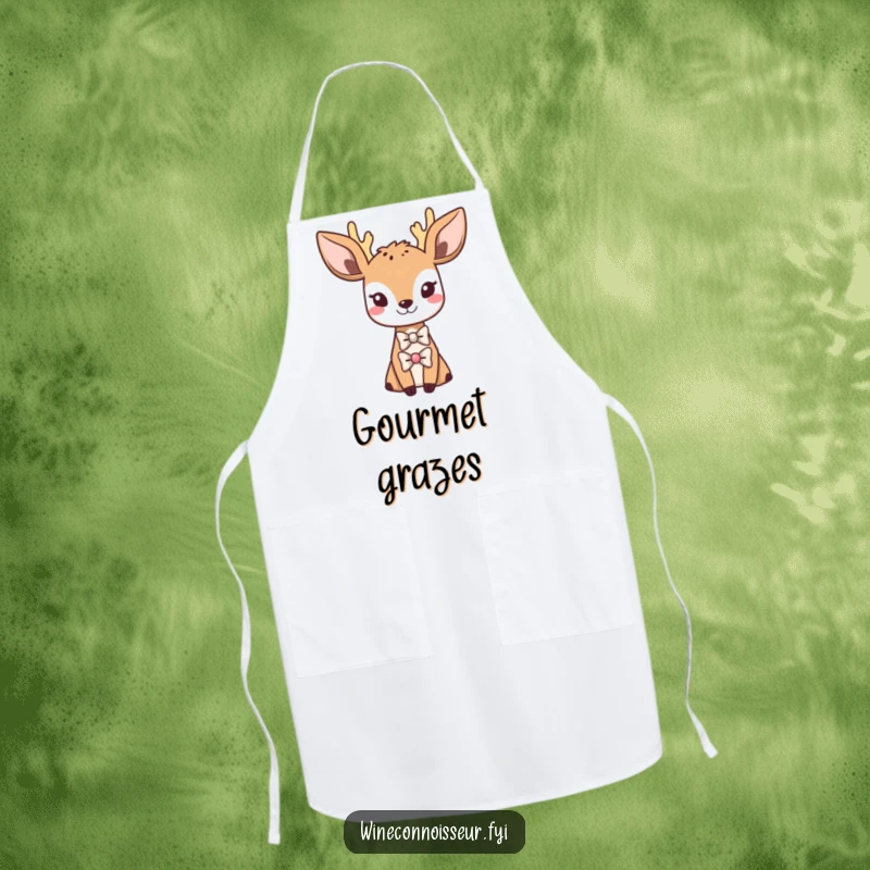 Funny apron showing a sophisticated Kawaii deer wearing a tiny bowtie, elegant kitchen accessory, humorous and cute gift.
