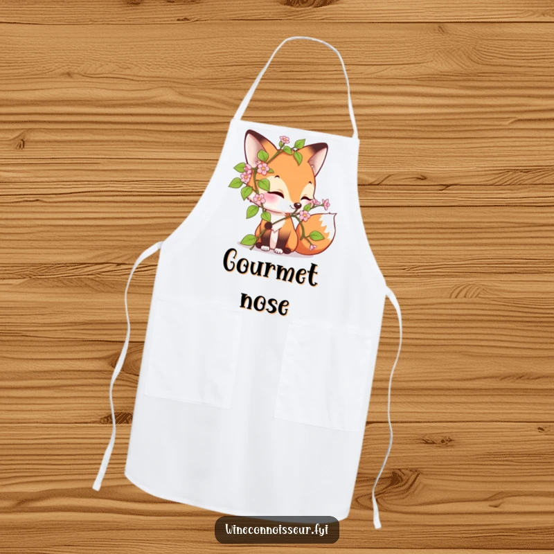 Funny apron featuring a curious fox character delightedly sniffing a blooming vine, perfect for kitchen fun and protection.