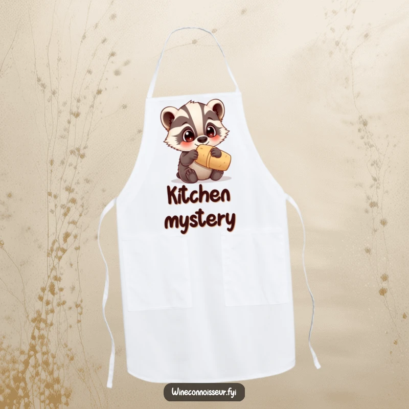 Funny apron showing a curious Kawaii badger examining a cork, adorable kitchen accessory, humorous and cute gift.