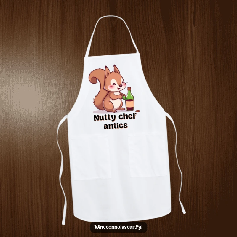 Funny apron with a playful squirrel attempting to uncork a miniature wine bottle, ideal for humorous hosting.
