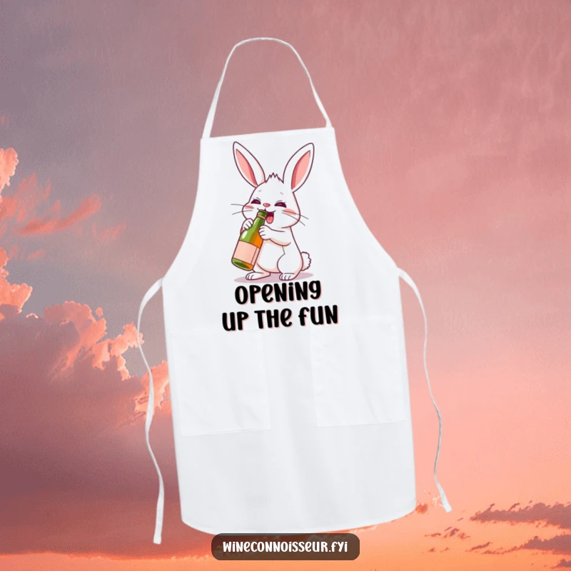 Funny rabbit character uncorking a mini wine bottle, featured on a practical and humorous apron for kitchen celebrations.
