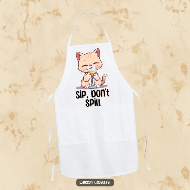 Funny apron showcasing a kawaii cat character elegantly sipping from a tiny goblet, ideal for kitchen elegance and humor.
