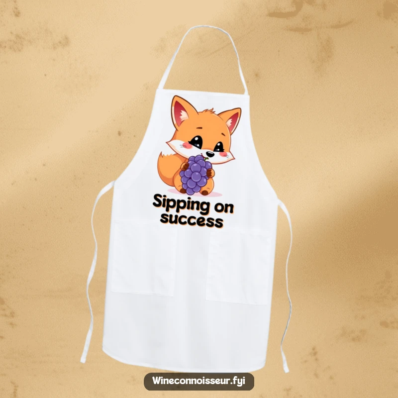 Funny apron showing a cheerful fox sniffing a grape with a discerning look, ideal for kitchen fun.