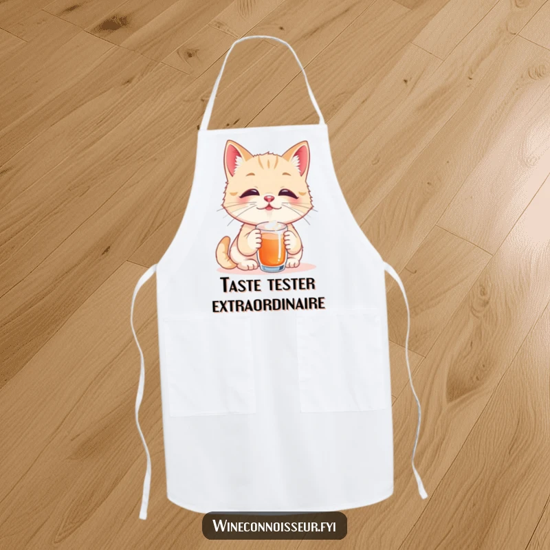 Funny apron designed with a playful cat taster savoring a tiny sip with eyes closed in pure bliss, bringing humorous charm to kitchen activities.