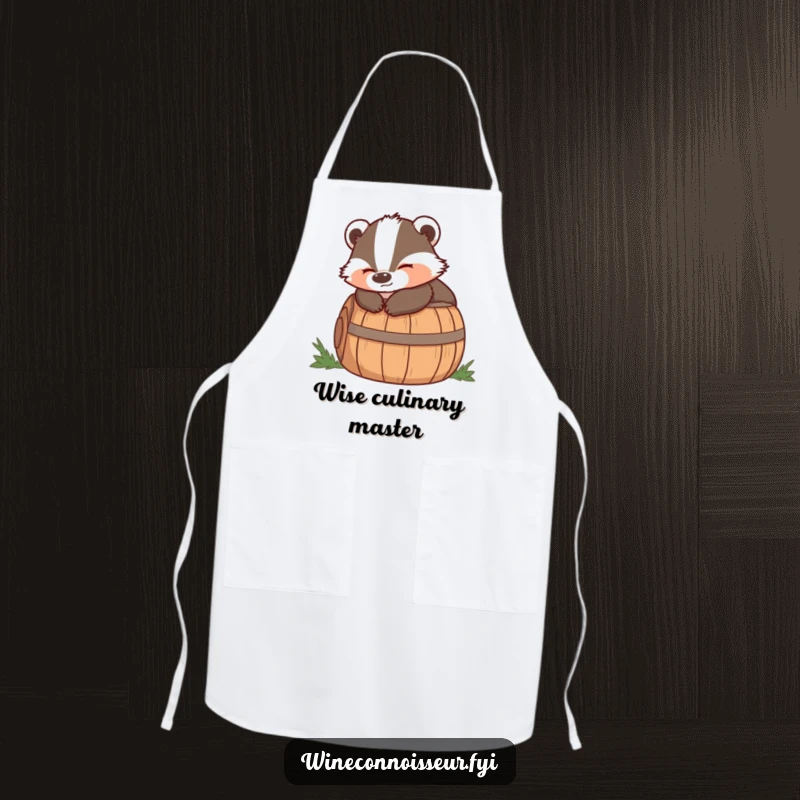 Funny apron with a wise badger lounging on a barrel with a satisfied expression, ideal for calm kitchen endeavors.