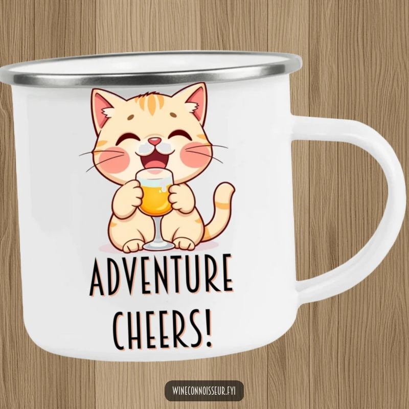 Funny cat camping mug featuring a delighted cat character toasting with a small glass, perfect for celebratory sips outdoors.