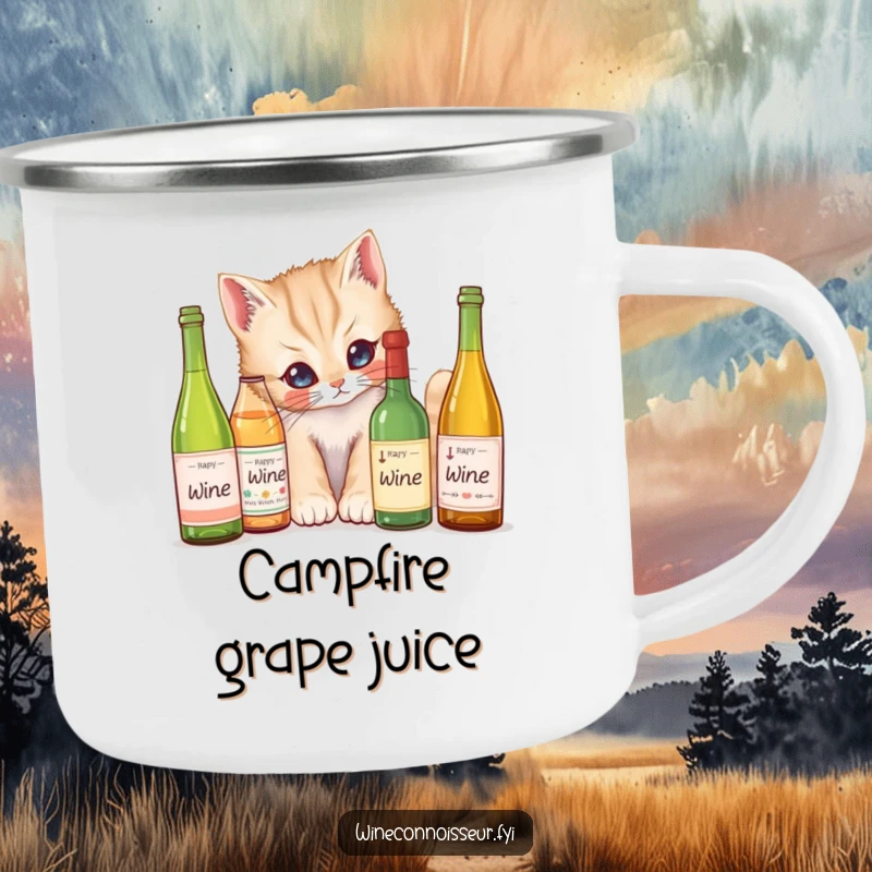 Funny Camping Mug: A curious kitten peering at miniature wine bottles, perfect for enjoying drinks outdoors with a humorous twist.