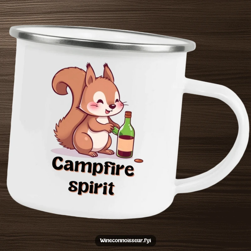 Funny camping mug showing a playful squirrel attempting to uncork a miniature wine bottle, perfect for rugged, adult fun.