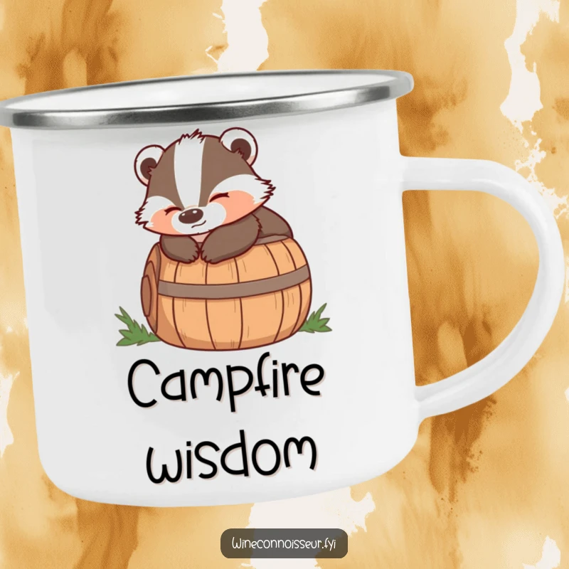 Funny camping mug showing a wise badger lounging on a barrel with a satisfied expression, perfect for rugged contemplation.