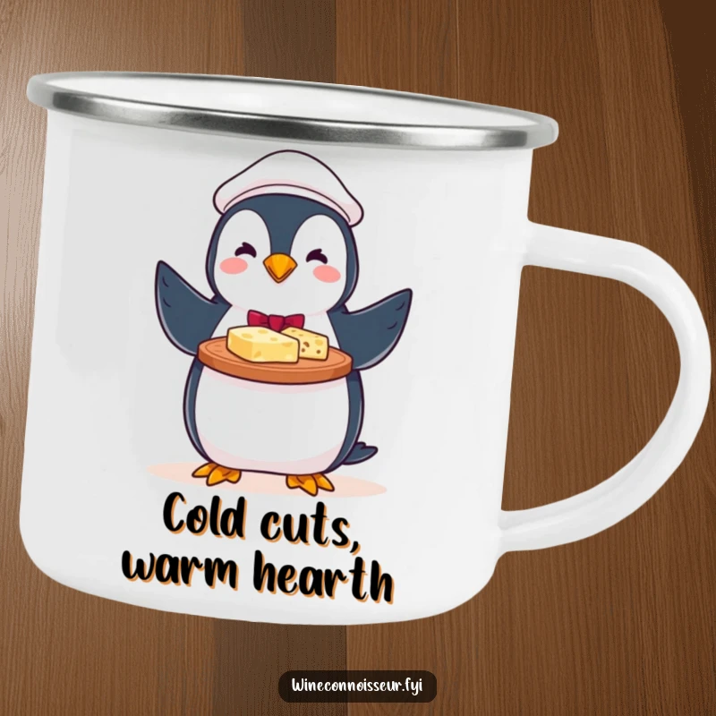 Funny camping mug with a perky penguin server presenting a cheese platter, perfect for outdoor parties.