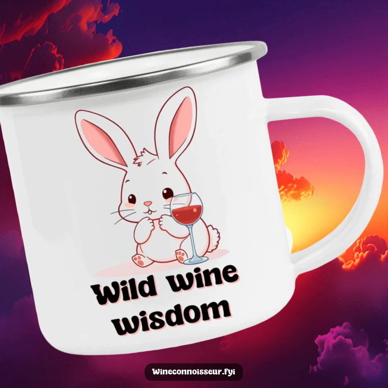 Funny kawaii rabbit camping mug, a cute bunny pondering wine pairings in an outdoor setting, perfect for adventurers.