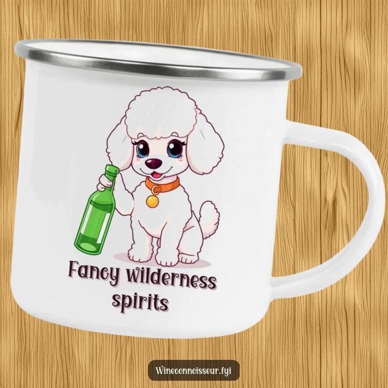 Funny white poodle camping mug, gesturing to a bottle, rugged and stylish, ready for adventures, a unique funny gift.