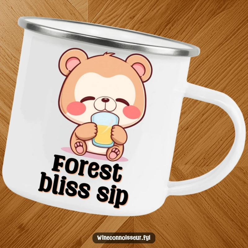 Funny bear camping mug featuring a joyful bear character with eyes closed, savoring a sip, perfect for tranquil outdoor moments.