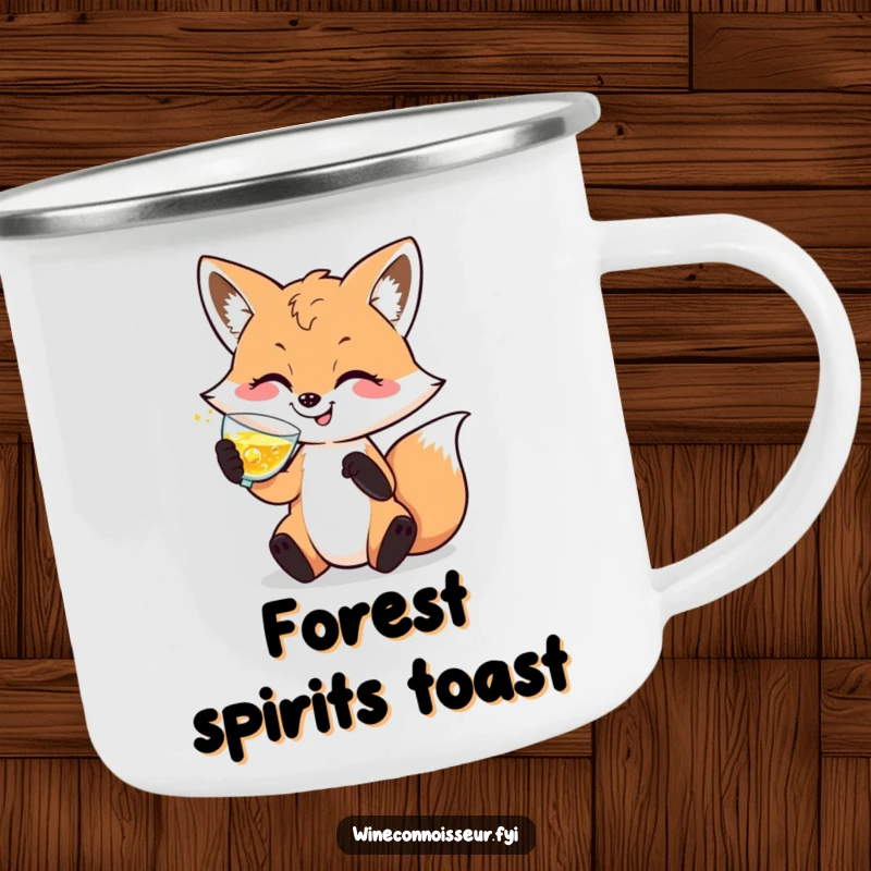 Funny camping mug featuring a sophisticated fox character swirling sparkling liquid, perfect for outdoor elegance and humor.