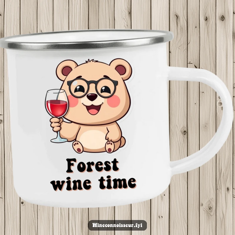 Funny camping mug featuring a happy bear with a monocle, smiling while holding a wine glass, perfect for outdoor elegance.