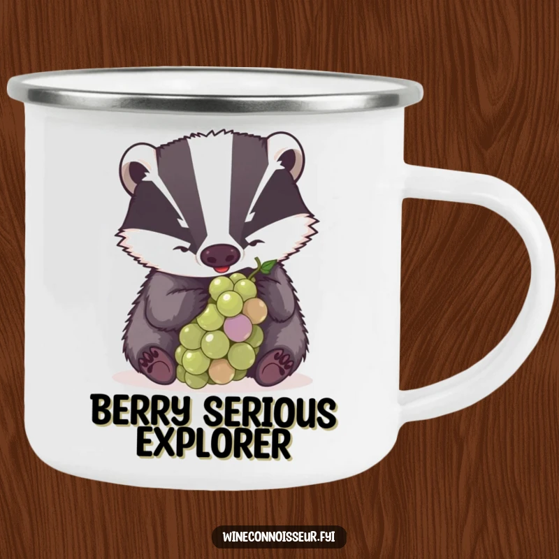Funny camping mug with a determined badger examining a grape intensely, durable and focused for outdoor use.