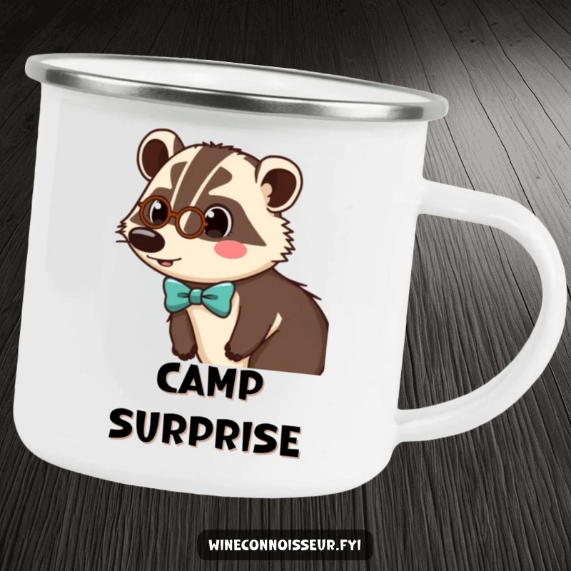 Funny camping mug with a surprised badger character wearing a tiny monocle and bow tie, blending outdoor fun with dapper humor.