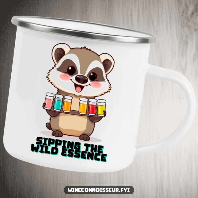 Funny camping mug featuring a delighted badger presenting a tasting flight of tiny vials, perfect for outdoor enthusiasts who appreciate humor and good taste.