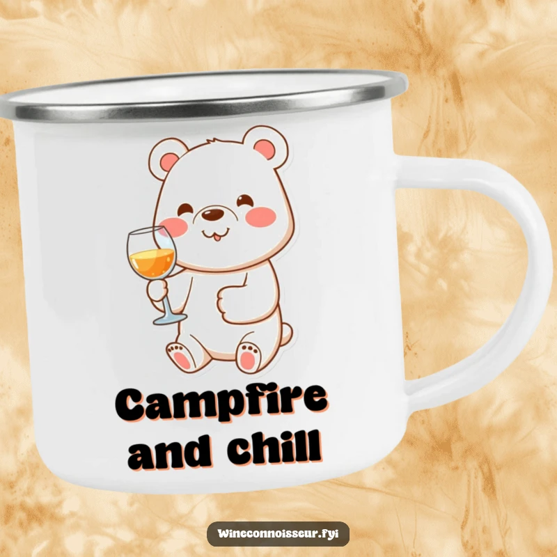 Durable and funny camping mug with a happy bear character holding a wine glass with its paw, for outdoor enjoyment.