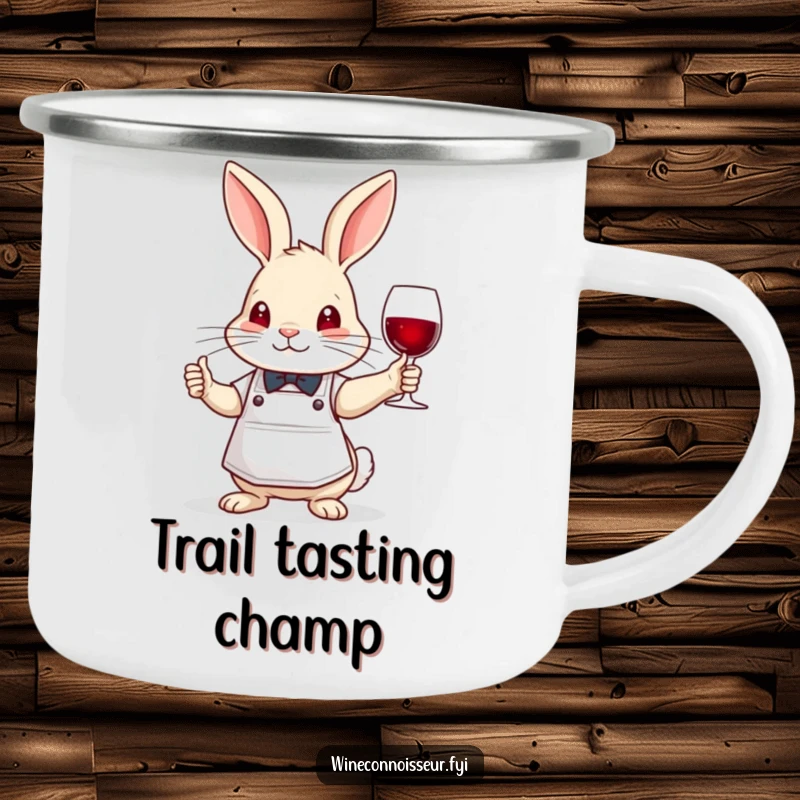 Funny brave rabbit sommelier camping mug, wearing apron, nodding wisely, durable and humorous outdoor drinkware.